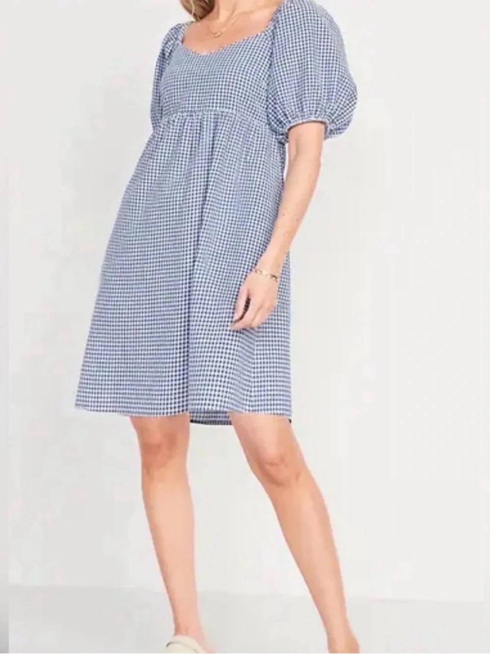 Old Navy Blue Gingham Puff Sleeve Mini Dress Pockets Size S